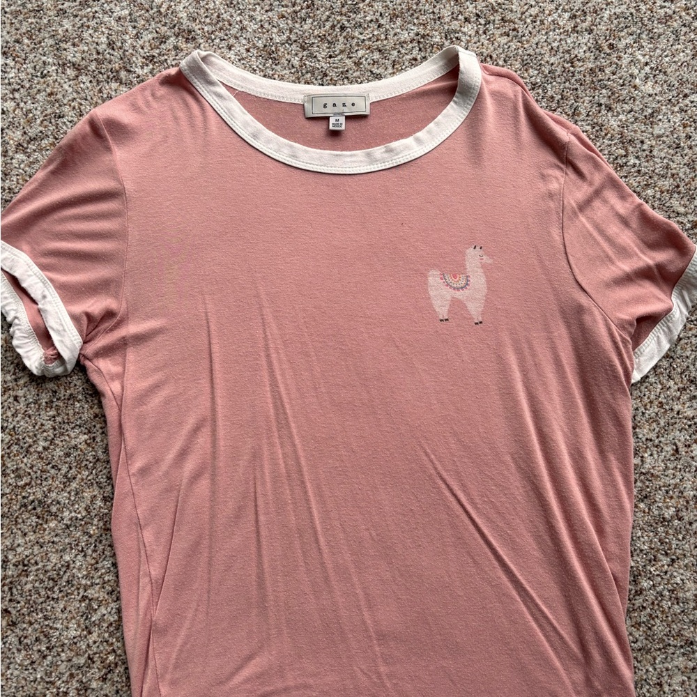 Gaze Pink Short Sleeve Top with Llama Detail